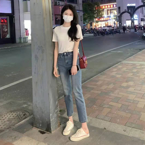 牛仔裤女直筒加厚高腰九分烟管裤女2022秋季新款小个子弹力直筒裤