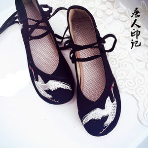 黑色仙鹤绣花鞋坡跟中国风高跟鞋内增高古风汉服传统布鞋夏季透气