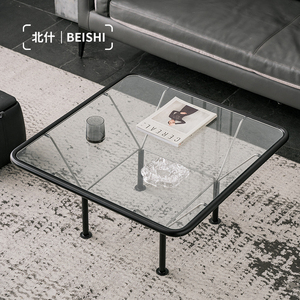 北什轻奢玻璃茶几现代不锈钢客厅方桌北欧工业风茶桌家用简约边几