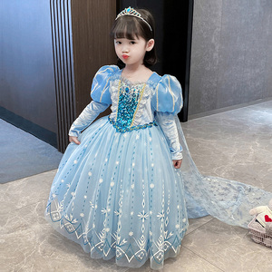 艾莎公主裙春秋女童高端新款艾沙生日礼服夏季迪士尼爱莎连衣裙