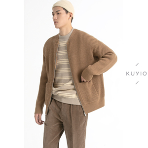 KUYIOU/设计师款 美利奴纯羊毛坑条纹韩版拉链针织毛衣开衫外套男