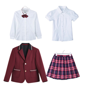小学生校服女童白衬衣长袖儿童白色弹力衬衫女春夏装红色格子裙子