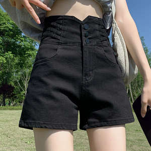 黑色超高腰牛仔短裤女夏季薄款a字显瘦夏装美式收腰网红辣妹裤子