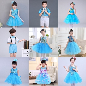 六一儿童节演出服装女童天蓝色蓬蓬纱裙女孩舞蹈裙合唱朗诵表演服