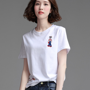 白色t恤女纯棉2024夏季新款欧洲站韩版显瘦圆领短袖刺绣定制上衣