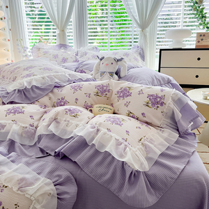 公主风泡泡棉床上四件套非全棉纯棉2024新款床单被套紫色花边床品