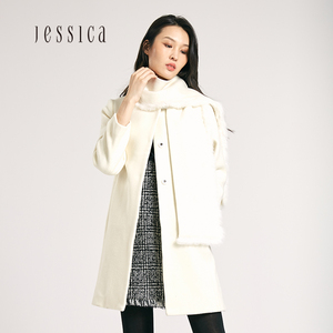 JESSICA杰西卡2018年专柜新品秋大衣白色中长款开叉外套女围巾