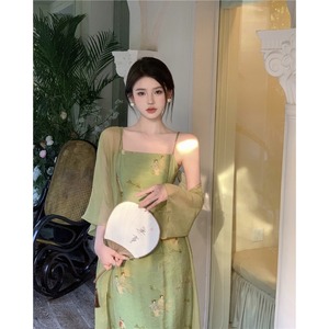 新中式国风绿色吊带连衣裙子女夏季复古印花修身显瘦气质a字长裙
