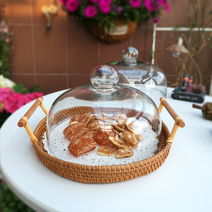 家用蛋糕罩透明玻璃盖子 藤编托盘密封早餐点心盘 创意ins保鲜盖