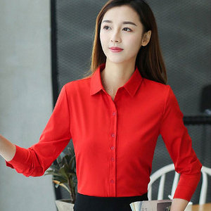 红色衬衫女长袖韩版修身短袖职业装工作服气质百搭纯色大码打底衫