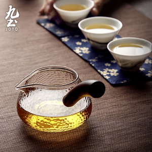 日式手工锤纹玻璃公道杯简约木制把手侧把公杯耐热分茶器功夫茶海