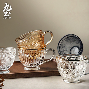九土日式玻璃杯带把家用简约大容量早餐杯碗燕麦牛奶杯复古咖啡杯