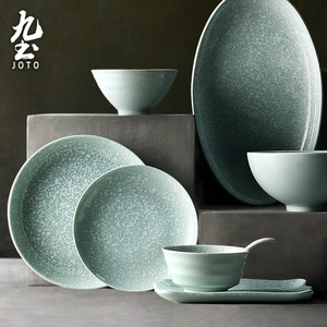 日式陶瓷餐盘家用米饭碗菜盘大汤碗鱼盘味碟面碗创意雪花釉餐具组