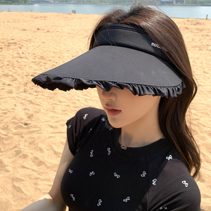 黑色防晒帽子女夏季新款沙滩海边度假防紫外线日系花边空顶太阳帽