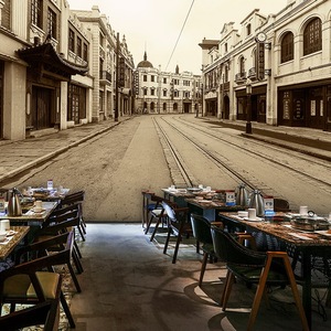 老上海滩墙纸民国风情弄堂街景画餐厅装饰复古怀旧直播背景墙壁纸