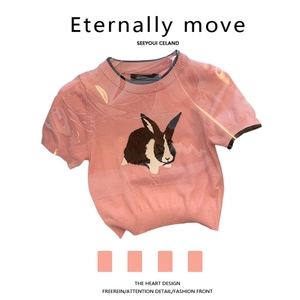 Eternally move粉色可爱兔子短袖毛衣夏季减龄甜美短款针织上衣