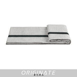 新中式灰色棉麻波纹拼皮条搭毯盖毯客厅卧室沙发毯床尾毯搭巾床旗