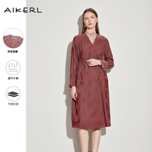 AIKERL艾可儿女士连衣裙法式V领纯色绒面A型修身收腰裙子D213408