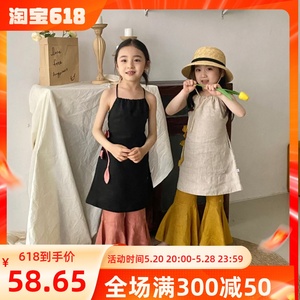 女童连衣裙2024夏季韩版儿童气质立体花朵吊带裙宝宝黑色露背长裙