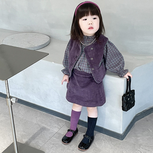 韩国童装2023秋季女童套装小女孩复古格子衬衫灯芯绒马甲背心半裙