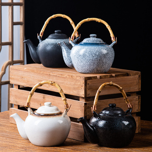日式大茶壶饭店用餐厅竹柄手提杯套装陶瓷复古提梁水壶单壶泡茶壶