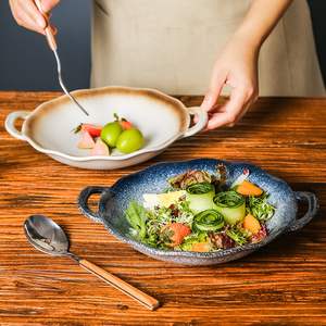日式餐具双耳咖喱盖饭盘子干锅高级感新款意面复古餐盘网红陶瓷碗