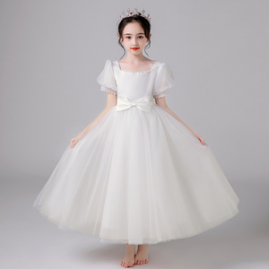 儿童小女孩礼服白色主持人婚礼蓬蓬纱女童钢琴演出公主裙花童冬季