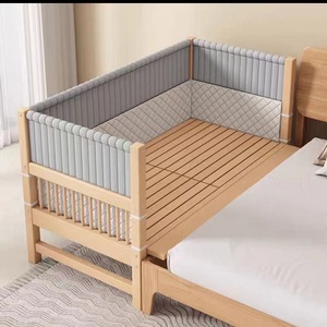 爱斯迈榉木儿童拼接床实木婴儿床小床拼接大床加宽床高护栏延边床