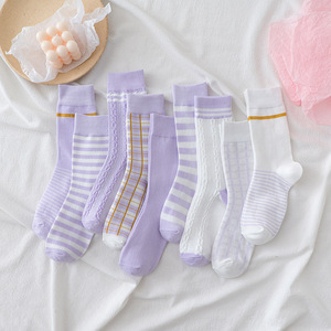 紫色袜子女薄款中筒袜夏季纯棉吸汗运动袜学院风浅紫条纹长袜网红
