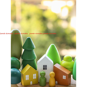 北欧木质森林小树摆件树木房子石头积木彩虹绿色小房子儿童玩具