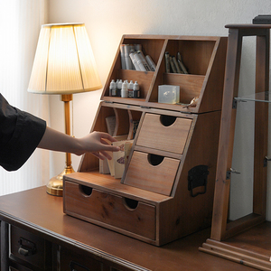 闻森家居复古桌面展示柜整理收纳盒实木多层抽屉式中古桌上置物架
