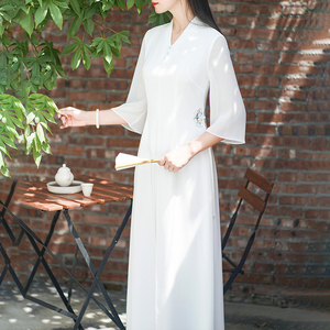 2023夏季新款时尚气质民族风中式唐装连衣裙白色超仙修身显瘦长裙