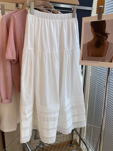 韩系chic气质白色蕾丝拼接中长款半身裙女新款夏季高级感a字伞裙