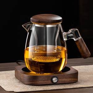 防爆玻璃泡茶杯茶水分离过滤冲茶器三件杯家用花茶杯胡桃木泡茶壶