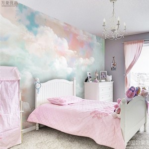 3D手绘彩色天空云朵壁纸客厅沙发卧室儿童房背景墙无缝壁画墙纸