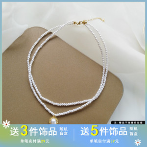 法式气质甜美珍珠项链时尚新潮个性双层颈链简约椭圆形锁骨链1310