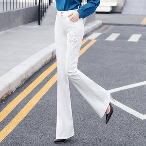 白色牛仔喇叭裤女春夏2024年新款镶钻高腰垂感显瘦西装微喇长裤子