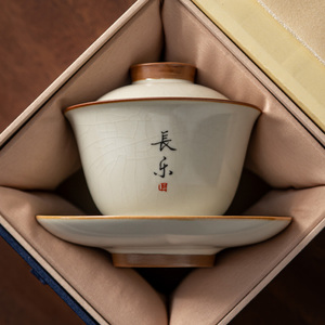 汝窑三才盖碗家用单个高档陶瓷纯手写定制防烫泡茶碗茶杯功夫茶盏