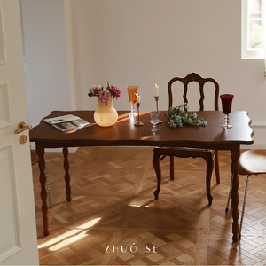 ZHUOSE 法式复古花瓣柚木实木餐桌长方形原木办公桌桌子客厅家用