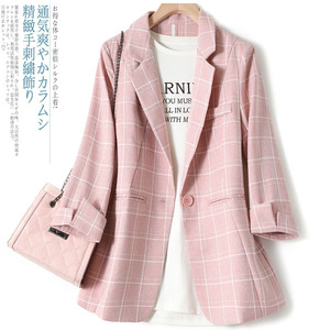 2024年春夏季粉色格子西装女薄款韩版修身小个子七分袖初秋短外套