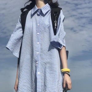 Chic韩搭短袖格子条纹衬衫女2023夏季宽松显瘦中长款外套衬衣上衣