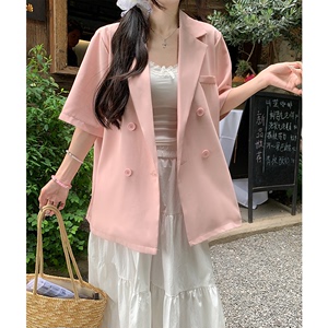 粉色短袖西装外套女夏2024新款高级设计感双排扣气质休闲西服上衣