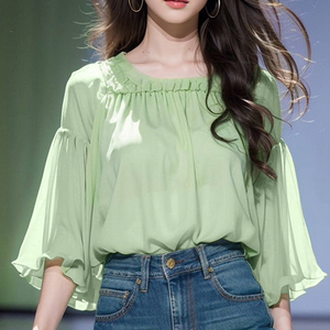 时尚小清新绿色九分袖花边领防晒衬衫女夏季款法式设计感减龄衬衣