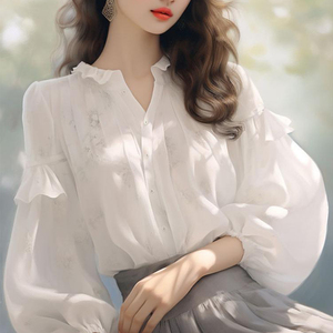 韩版时髦流行漂亮轻奢白色花领褶皱衬衫女春秋款减龄绝美洋气衬衣