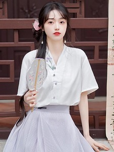 马面裙上衣搭配夏季薄款新中式国风短袖v领古装刺绣汉服衬衫女装