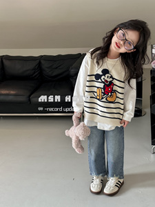 韩国童装秋季新款条纹卡通针织马甲毛衣背心女童休闲阔腿裤洋气潮