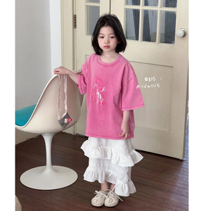 2024韩国童装水洗牛仔短袖T恤中长款洋气女童白色蛋糕长裙时髦潮