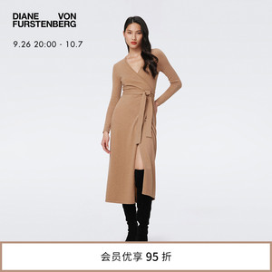 DVF V领毛衣裙沙漠驼色长袖羊毛羊绒混纺针织裹身连衣裙MR43E00