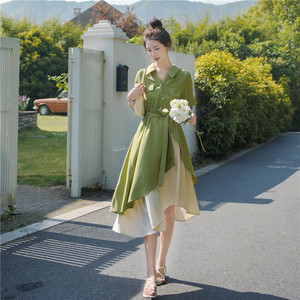 不规则连衣裙女夏设计感小众绿色polo衬衫裙子高级感气质收腰显瘦