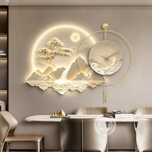 现代轻奢餐厅装饰画带钟表2024新款客厅背景墙挂画高级感餐桌壁画
